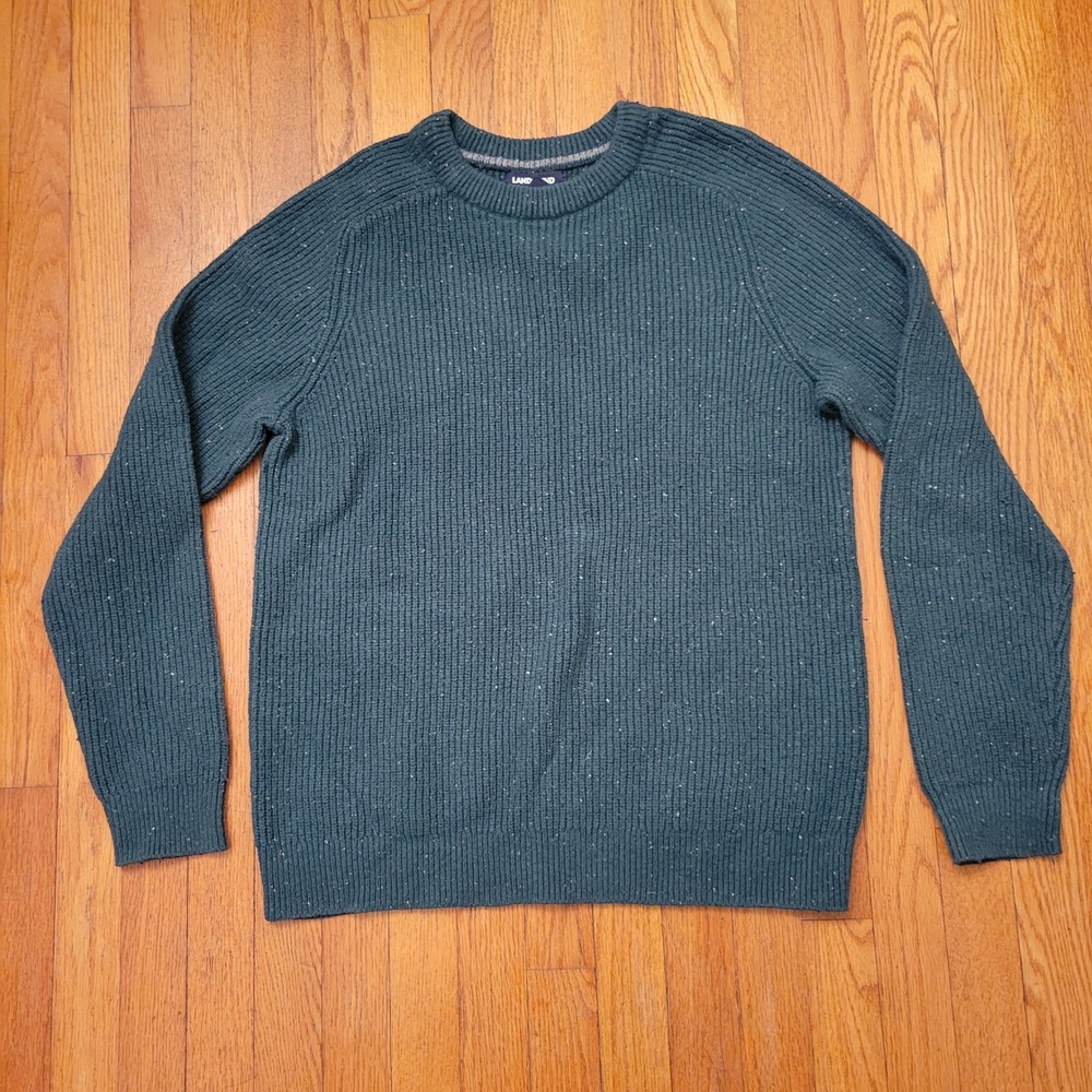 Lands End Drifter Green Speckled Crew Neck‎ Knit Sweater LT Pullover Vintage